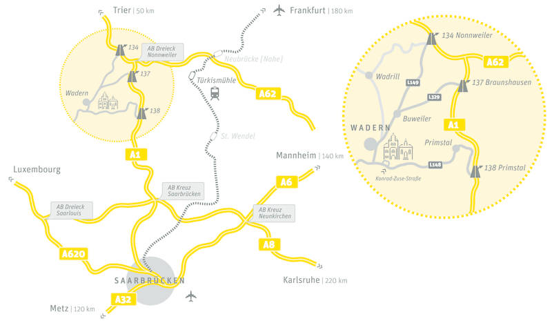 Map of location of Schloss Dagstuhl with respect to nearby motorways and train stations