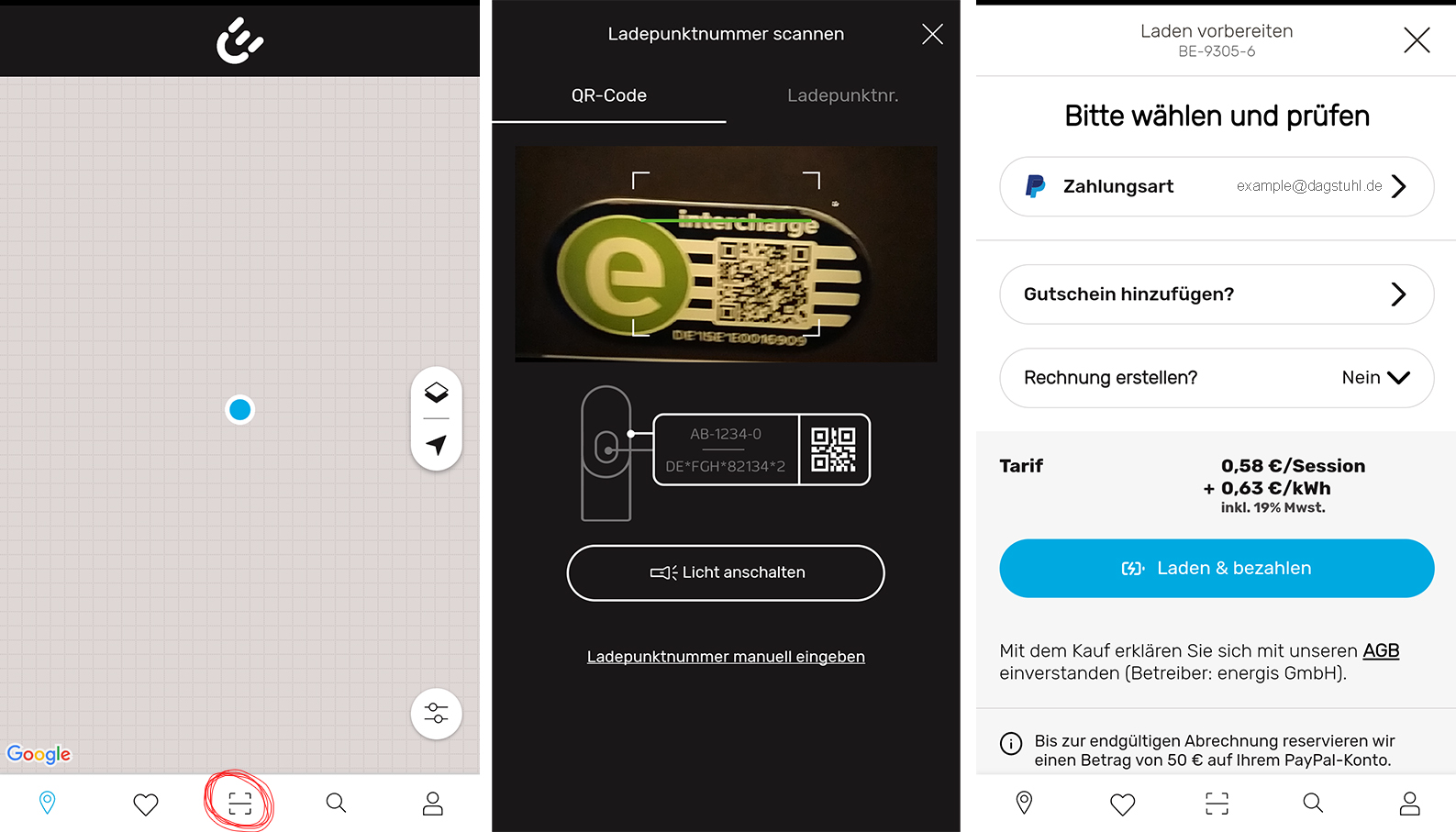 screenshots of eCharge app