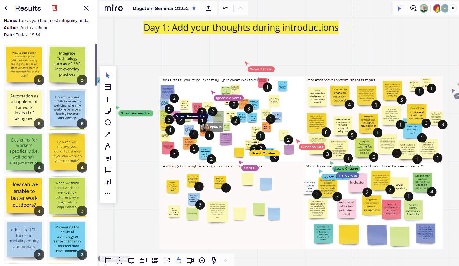 Figure 2 Group activities on day 1: Collecting of ideas, thoughts, questions from the individual presentations; Majority voting after clustering of collected items.