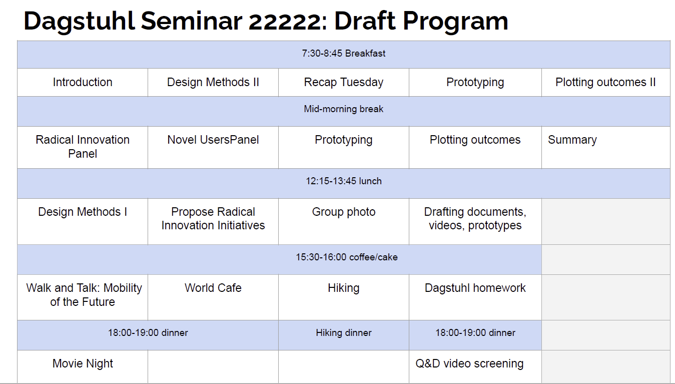 Figure 1 Schedule of Dagstuhl seminar 22222 (May 29 to June 3, 2022).