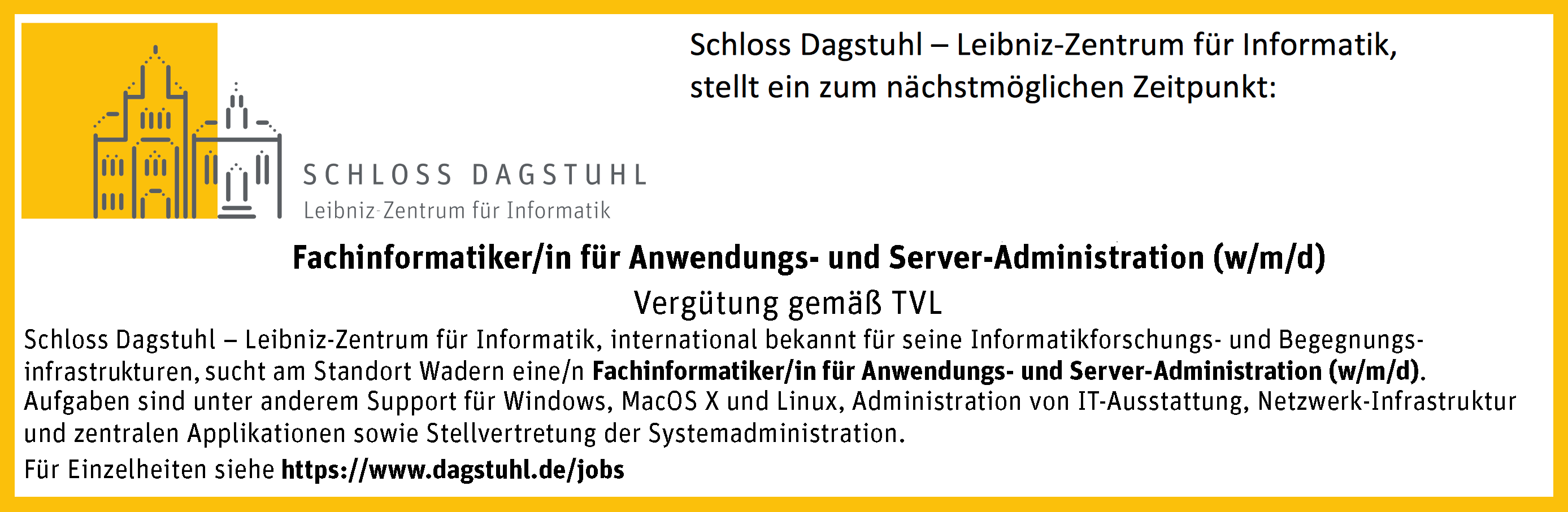 Article Image: Schloss Dagstuhl sucht eine/n Fachinformatiker/in für Anwendungs- und Server-Administration (w/m/d), Vergütung gemäß TVL